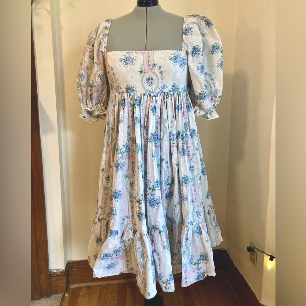 Selkie White/Blue La Belle Etoile Cotton French Puff Circle Skirt Dress Size 2X